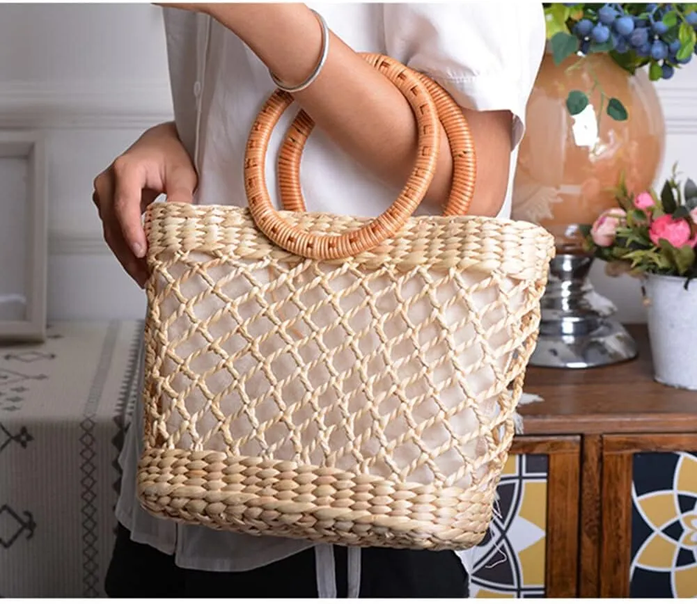 Eforcase Women Straw Bag Large Woven Bag Round Handle Ring Tote Purse Retro Handbags Summer Beach Bag