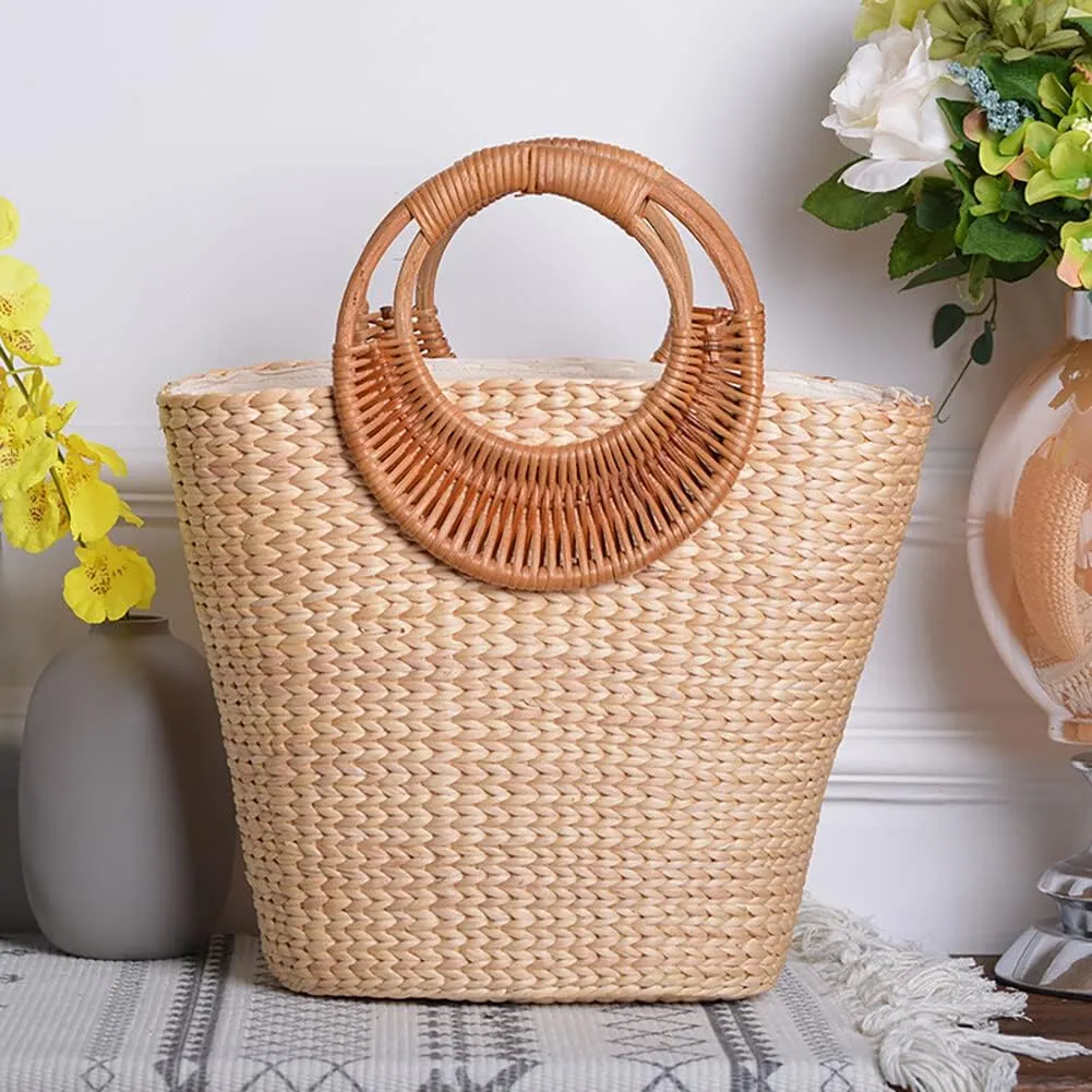 Eforcase Women Straw Bag Large Woven Bag Round Handle Ring Tote Purse Retro Handbags Summer Beach Bag