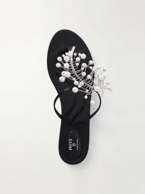 Embellished satin flip flops