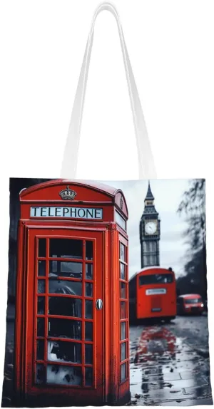 England UK Retro London Telephone Print Canvas Tote Bags Lightweight Shoulder Bag Reusable Grocery Shopping Bag Handbags for Women Men