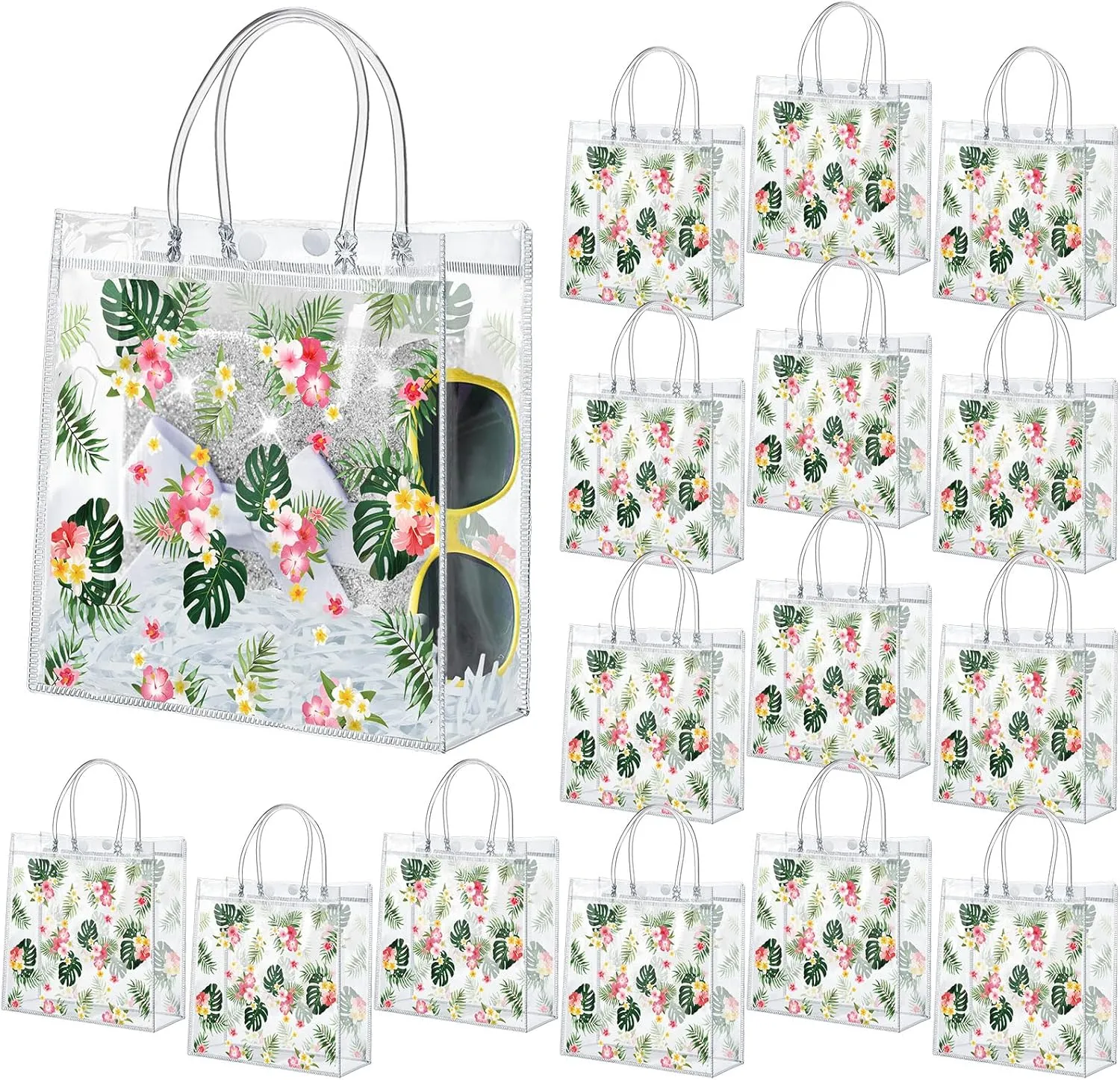 Engrowtic 24 Pcs Hawaiian Clear Gift Bags with Handle Plastic PVC Summer Luau Jungle Goodie Favor Tote Bags for Tropical Aloha Palm Leaves Theme Party Birthday Present Giving, 8 x 8 x 3.15''