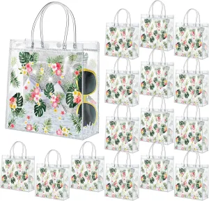Engrowtic 24 Pcs Hawaiian Clear Gift Bags with Handle Plastic PVC Summer Luau Jungle Goodie Favor Tote Bags for Tropical Aloha Palm Leaves Theme Party Birthday Present Giving, 8 x 8 x 3.15''