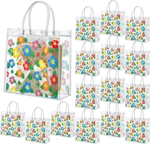 Engrowtic 24 Pcs Hawaiian Hibiscus Clear Gift Bags with Handle Plastic PVC Summer Tiki Luau Treat Goodie Favor Tote Bags for Tropical Aloha Hibiscus Theme Party Birthday Present Giving, 8 x 8 x 3.15
