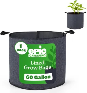 Epic Gardening 1 Pack 60 Gallon Grow Bags with Handles (Lined) - Heavy Duty Fabric Pots for Vegetables, Herbs & Flowers - Breathable Cloth Planters for Indoor & Outdoor Gardening, Moisture Retaining