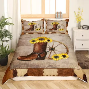 Erosebridal Cowboy Duvet Cover King Retro Cowboy Boot Bedding Set Sunflower Farmhouse Cowhide Vintage Comforter Cover Exotic Brown Western Cowgirls Quilt Cover for Men Women