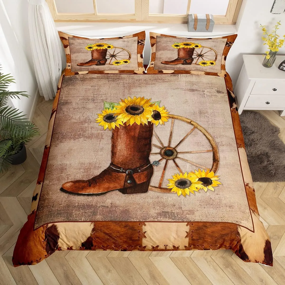Erosebridal Cowboy Duvet Cover King Retro Cowboy Boot Bedding Set Sunflower Farmhouse Cowhide Vintage Comforter Cover Exotic Brown Western Cowgirls Quilt Cover for Men Women