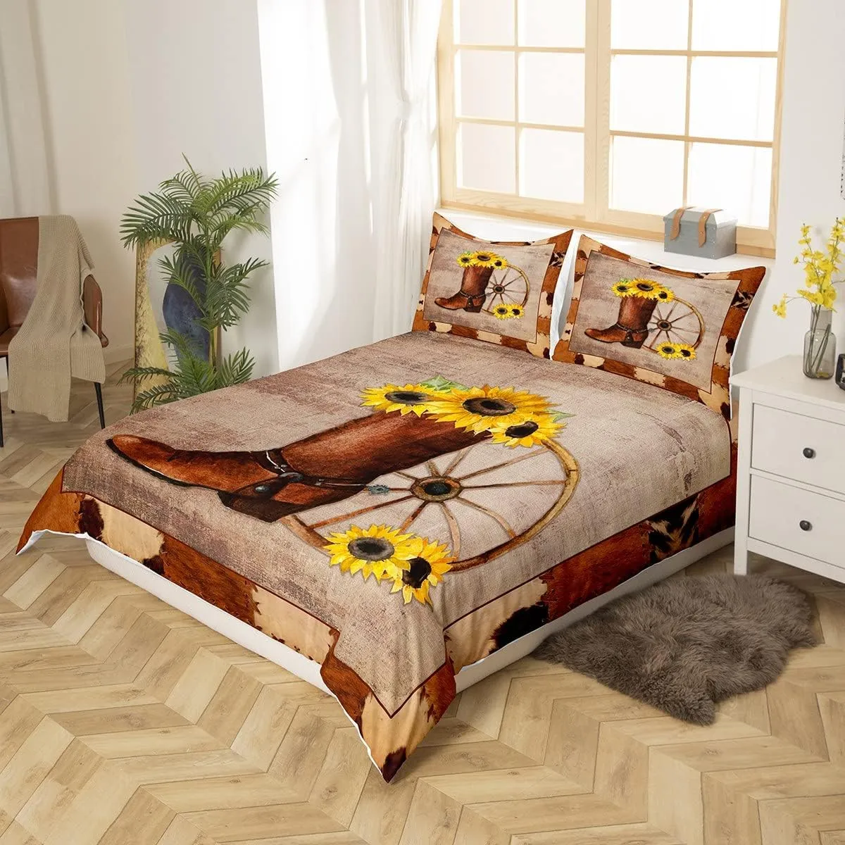 Erosebridal Cowboy Duvet Cover King Retro Cowboy Boot Bedding Set Sunflower Farmhouse Cowhide Vintage Comforter Cover Exotic Brown Western Cowgirls Quilt Cover for Men Women