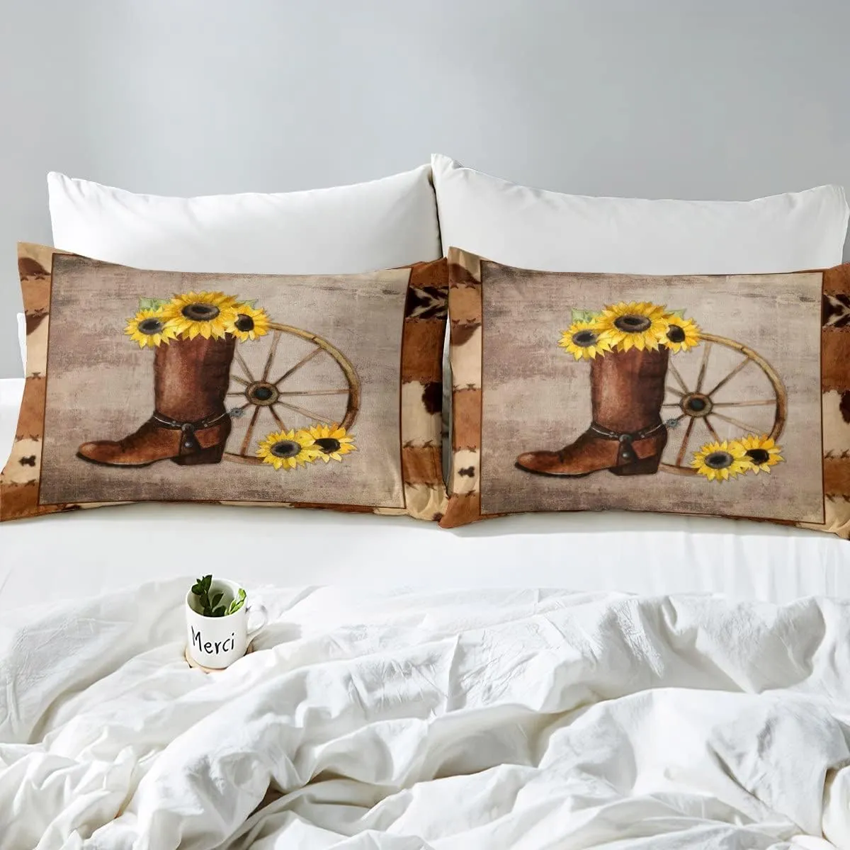 Erosebridal Cowboy Duvet Cover King Retro Cowboy Boot Bedding Set Sunflower Farmhouse Cowhide Vintage Comforter Cover Exotic Brown Western Cowgirls Quilt Cover for Men Women