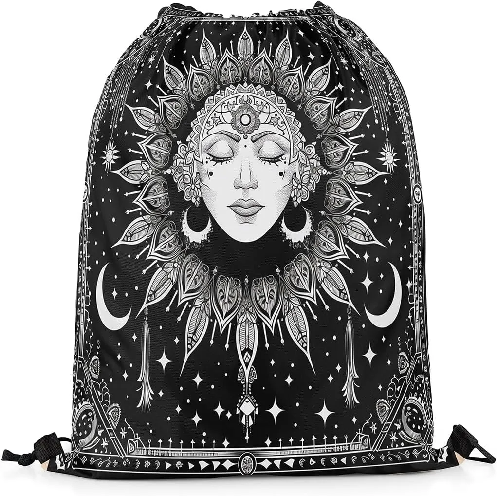 Erosebridal Mandala Drawstring Bags Western Exotic Draw String Back Bag Boho Moon Stars Cinch Bag 13X15.7 Trippy Black Galaxy Drawstring Backpack for Sport Gym Swim Yoga Camping Traveling Trip