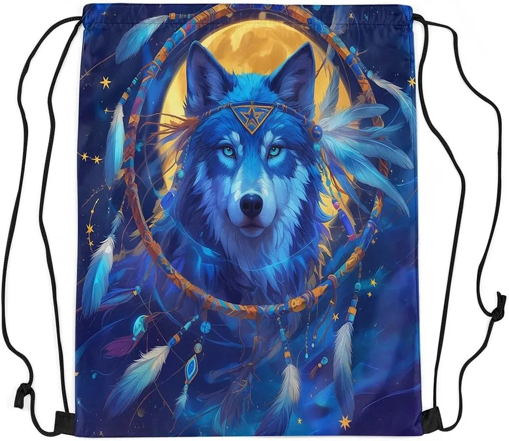 Erosebridal Moonlight Wolf Drawstring Backpack,Tribe Exotic Dreamcatcher Draw String Back Bag,Ethnic Southwestern Drawstring Bags,Wolves Wildlife Safari Animal Print String Backpack,13x15.7
