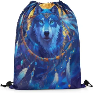 Erosebridal Moonlight Wolf Drawstring Backpack,Tribe Exotic Dreamcatcher Draw String Back Bag,Ethnic Southwestern Drawstring Bags,Wolves Wildlife Safari Animal Print String Backpack,13x15.7