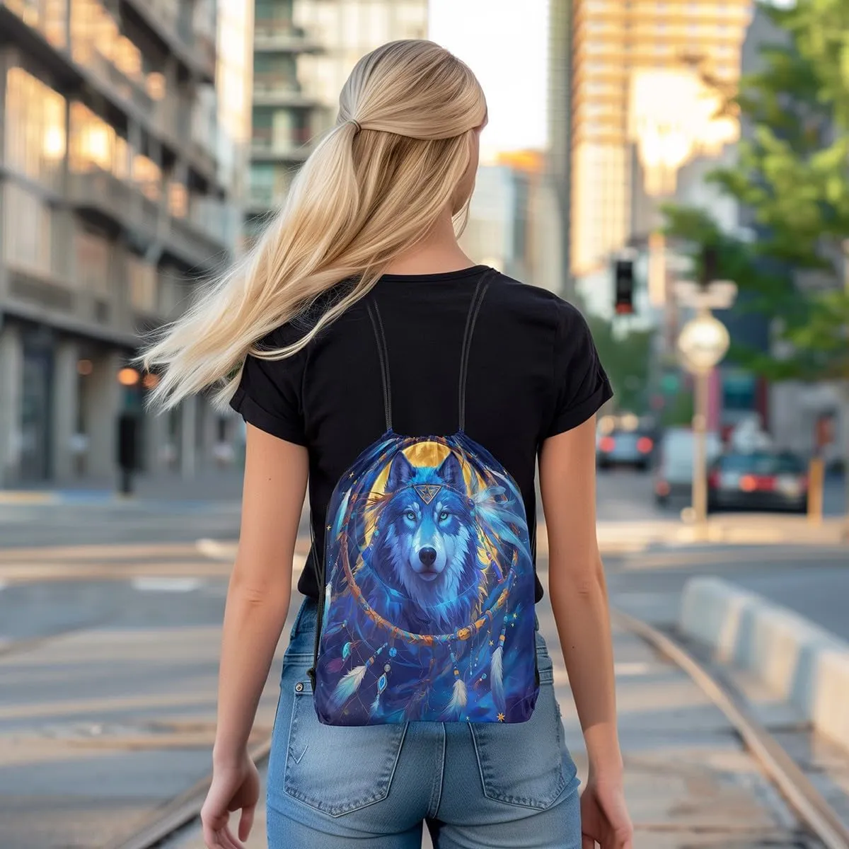 Erosebridal Moonlight Wolf Drawstring Backpack,Tribe Exotic Dreamcatcher Draw String Back Bag,Ethnic Southwestern Drawstring Bags,Wolves Wildlife Safari Animal Print String Backpack,13x15.7