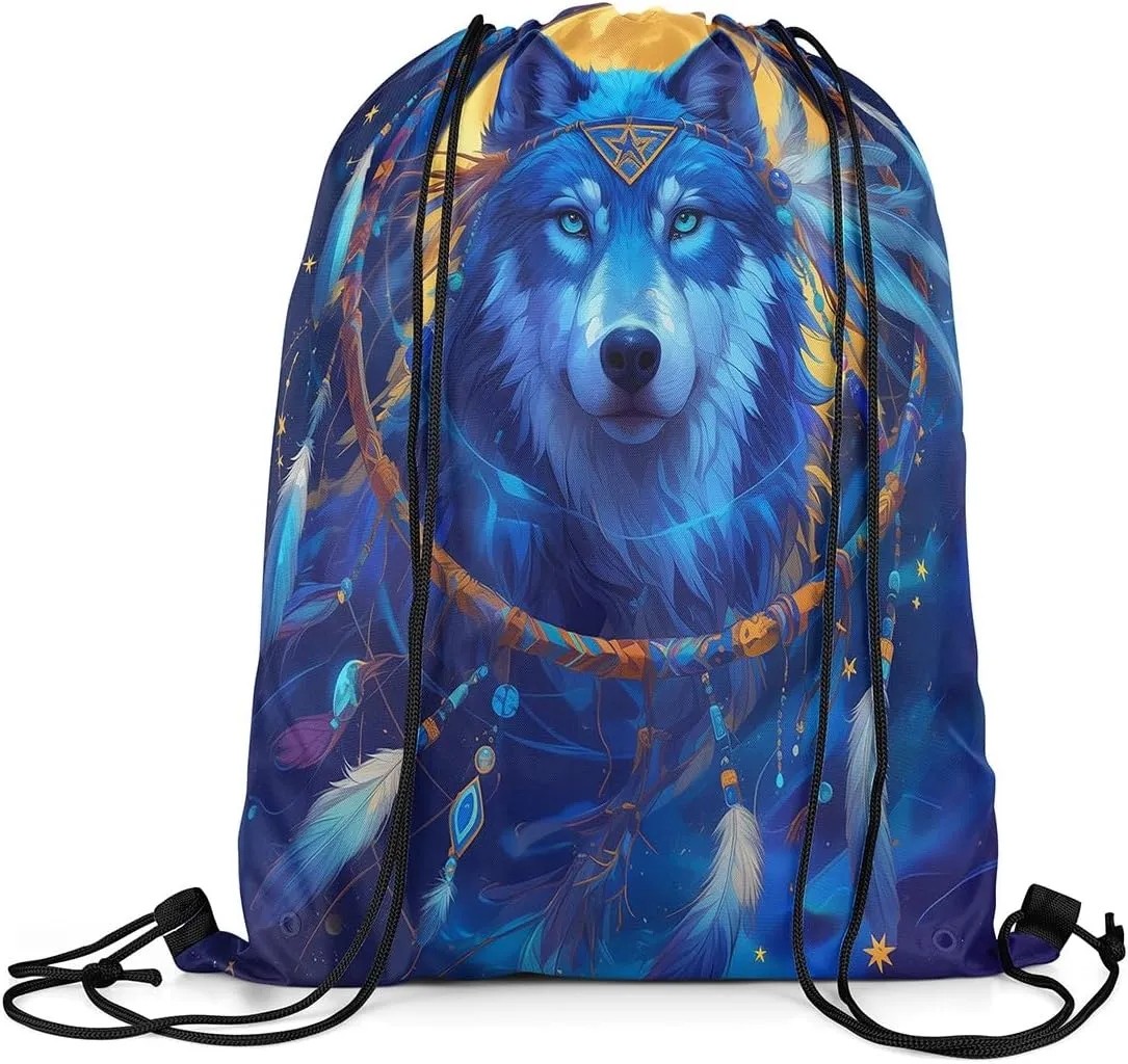 Erosebridal Moonlight Wolf Drawstring Backpack,Tribe Exotic Dreamcatcher Draw String Back Bag,Ethnic Southwestern Drawstring Bags,Wolves Wildlife Safari Animal Print String Backpack,13x15.7