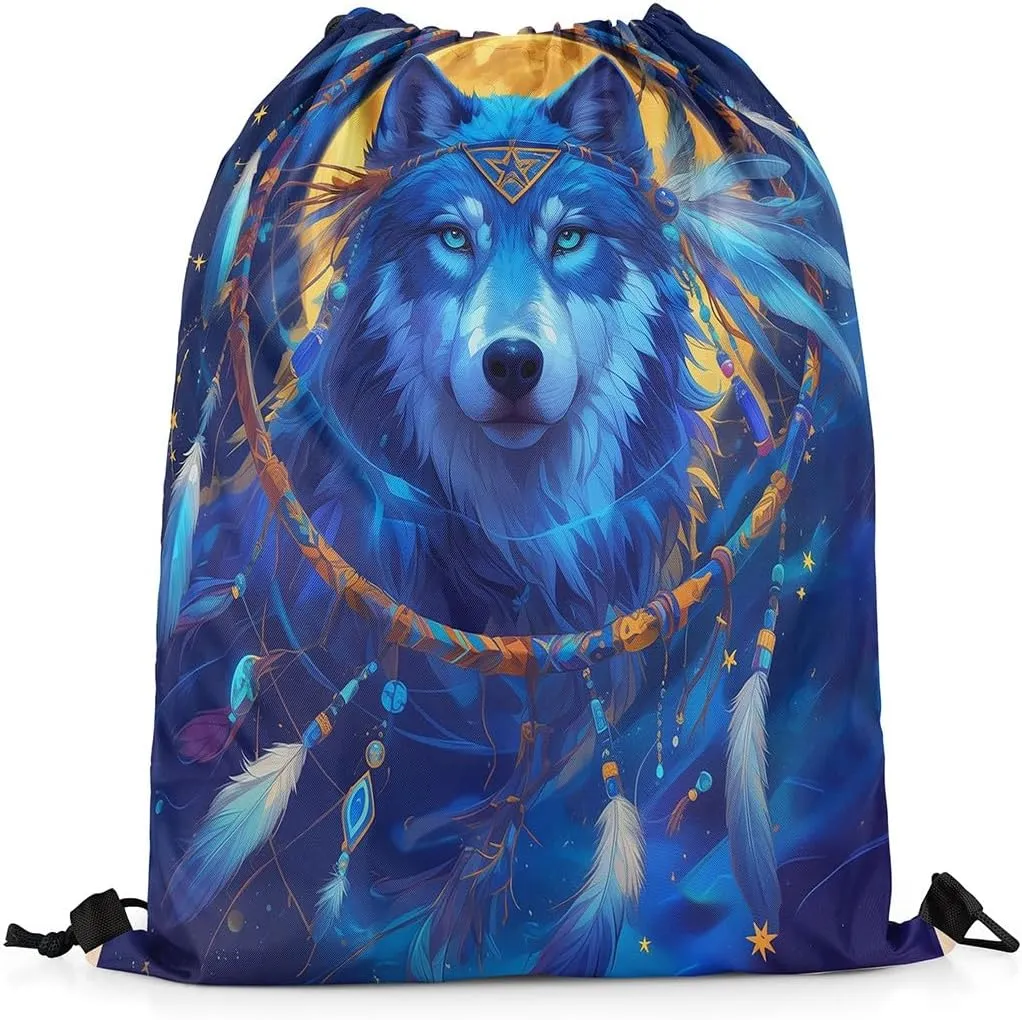 Erosebridal Moonlight Wolf Drawstring Backpack,Tribe Exotic Dreamcatcher Draw String Back Bag,Ethnic Southwestern Drawstring Bags,Wolves Wildlife Safari Animal Print String Backpack,13x15.7