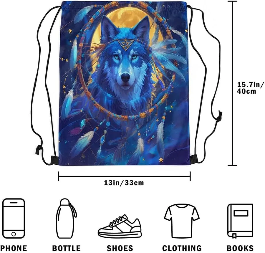 Erosebridal Moonlight Wolf Drawstring Backpack,Tribe Exotic Dreamcatcher Draw String Back Bag,Ethnic Southwestern Drawstring Bags,Wolves Wildlife Safari Animal Print String Backpack,13x15.7