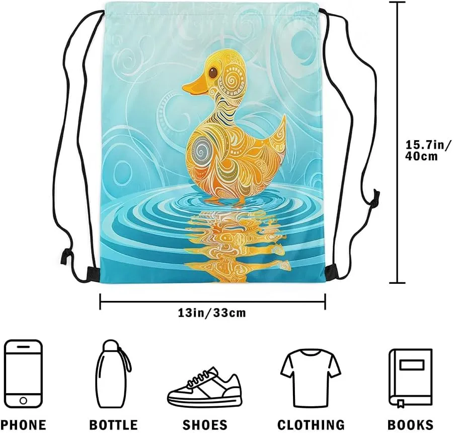 Erosebridal Waterproof Swimming Duck Drawstring Backpack 13X15.7, Boho Blue Yellow Geometry Drawstring Bags, Exotic Art Cartoon String Backpack, Draw String Back Bag For Camping