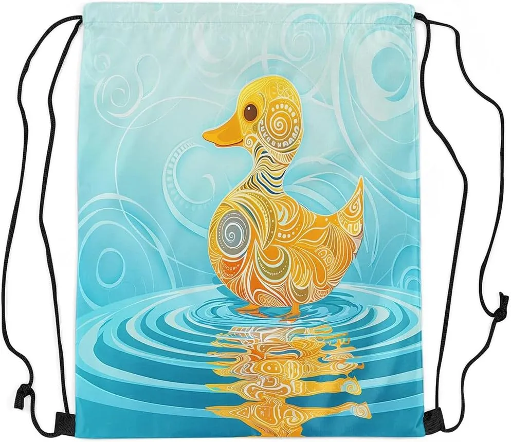 Erosebridal Waterproof Swimming Duck Drawstring Backpack 13X15.7, Boho Blue Yellow Geometry Drawstring Bags, Exotic Art Cartoon String Backpack, Draw String Back Bag For Camping