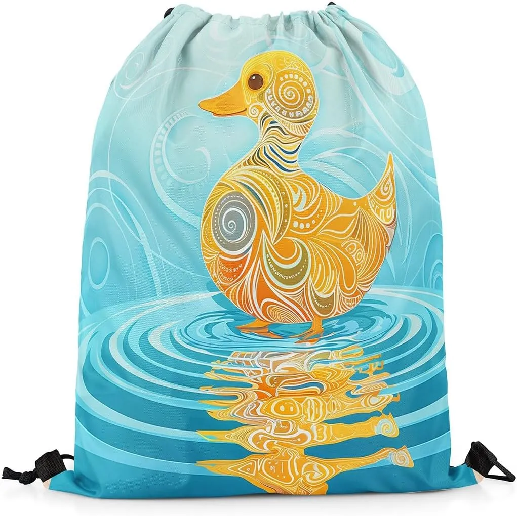 Erosebridal Waterproof Swimming Duck Drawstring Backpack 13X15.7, Boho Blue Yellow Geometry Drawstring Bags, Exotic Art Cartoon String Backpack, Draw String Back Bag For Camping