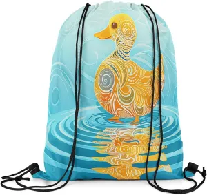 Erosebridal Waterproof Swimming Duck Drawstring Backpack 13X15.7, Boho Blue Yellow Geometry Drawstring Bags, Exotic Art Cartoon String Backpack, Draw String Back Bag For Camping