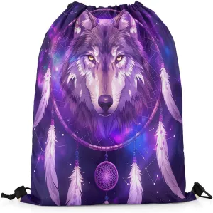 Erosebridal Wolf Drawstring Bags,Boho Dream Catchers Draw String Back Bag,Tribal Ethnic Exotic Drawstring Backpack,Wolves Wildlife Safari Animal Print String Backpack,13x15.7