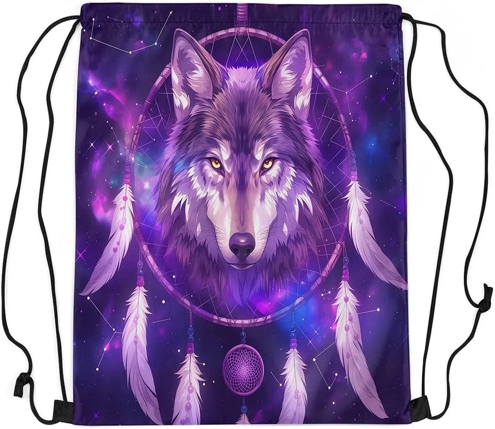 Erosebridal Wolf Drawstring Bags,Boho Dream Catchers Draw String Back Bag,Tribal Ethnic Exotic Drawstring Backpack,Wolves Wildlife Safari Animal Print String Backpack,13x15.7