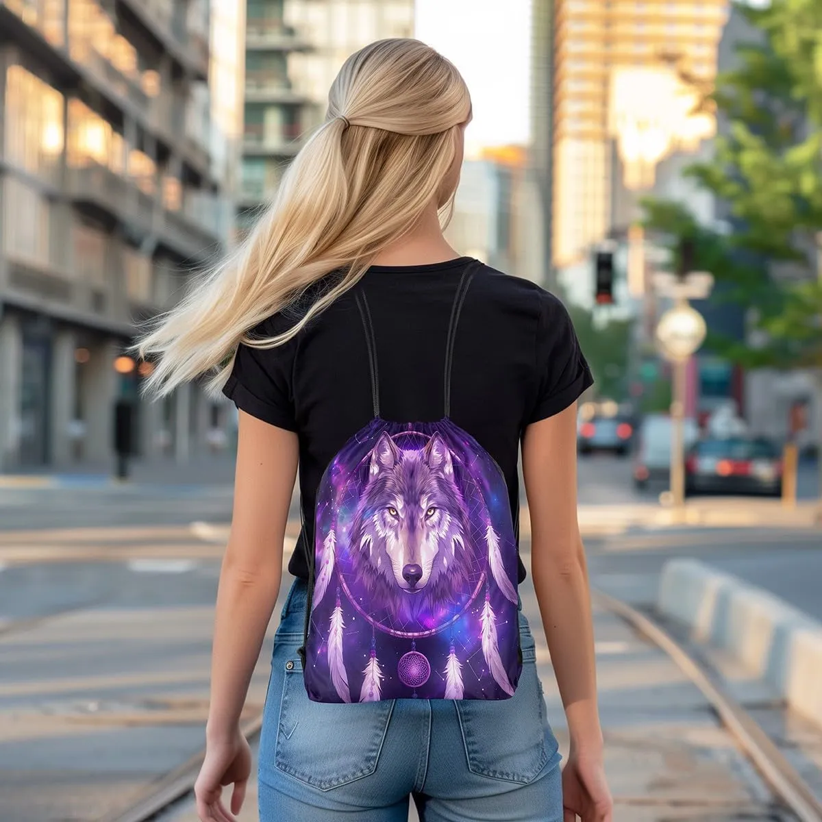 Erosebridal Wolf Drawstring Bags,Boho Dream Catchers Draw String Back Bag,Tribal Ethnic Exotic Drawstring Backpack,Wolves Wildlife Safari Animal Print String Backpack,13x15.7