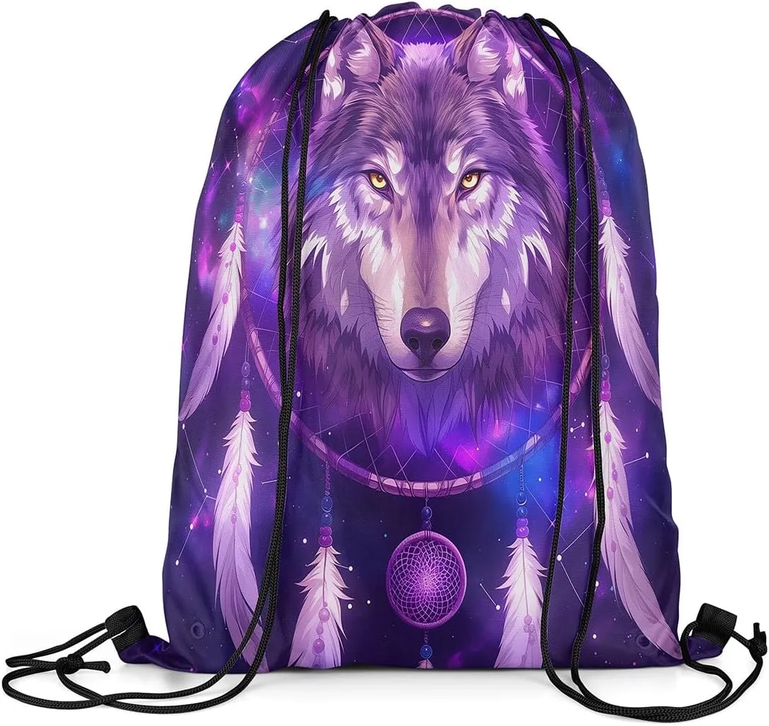 Erosebridal Wolf Drawstring Bags,Boho Dream Catchers Draw String Back Bag,Tribal Ethnic Exotic Drawstring Backpack,Wolves Wildlife Safari Animal Print String Backpack,13x15.7