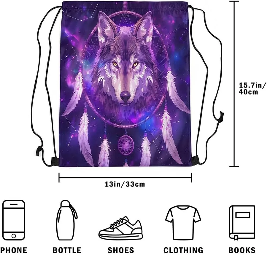 Erosebridal Wolf Drawstring Bags,Boho Dream Catchers Draw String Back Bag,Tribal Ethnic Exotic Drawstring Backpack,Wolves Wildlife Safari Animal Print String Backpack,13x15.7