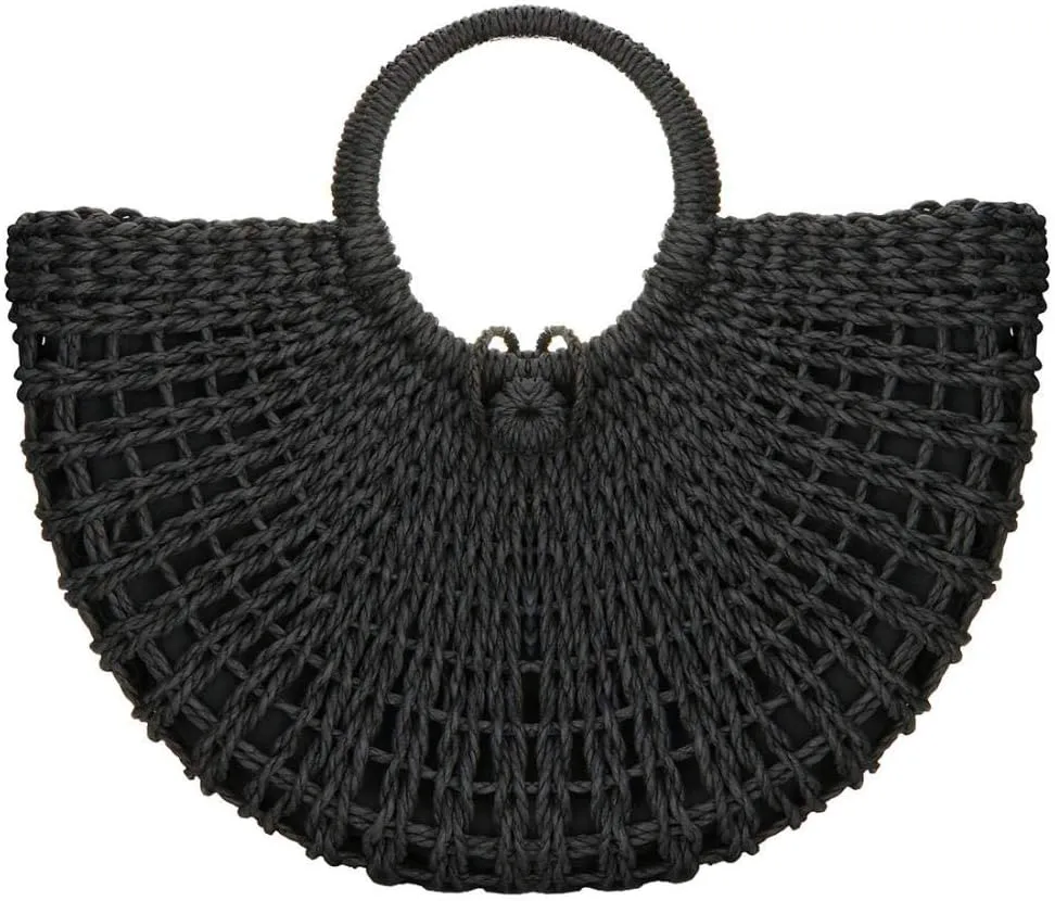 EROUGE Natural Chic Straw Bag Hand Woven Round Handle Handbags Retro Summer Beach Bag