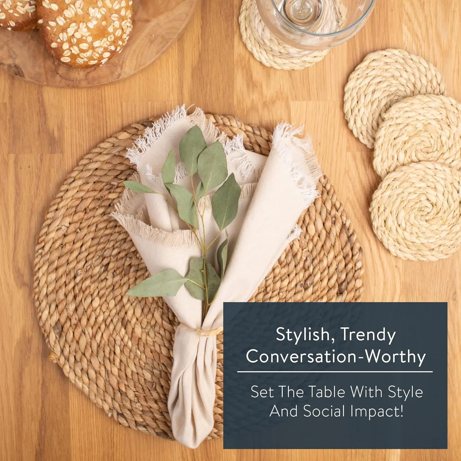 Essentials Boho Round Woven Placemats – Set of 6, Natural Wicker Cattail Placemats, Braided Heat Resistant Non-Slip Weave, Eco-Friendly Handmade by African Artisans (13" Round, Natural Cattail)
