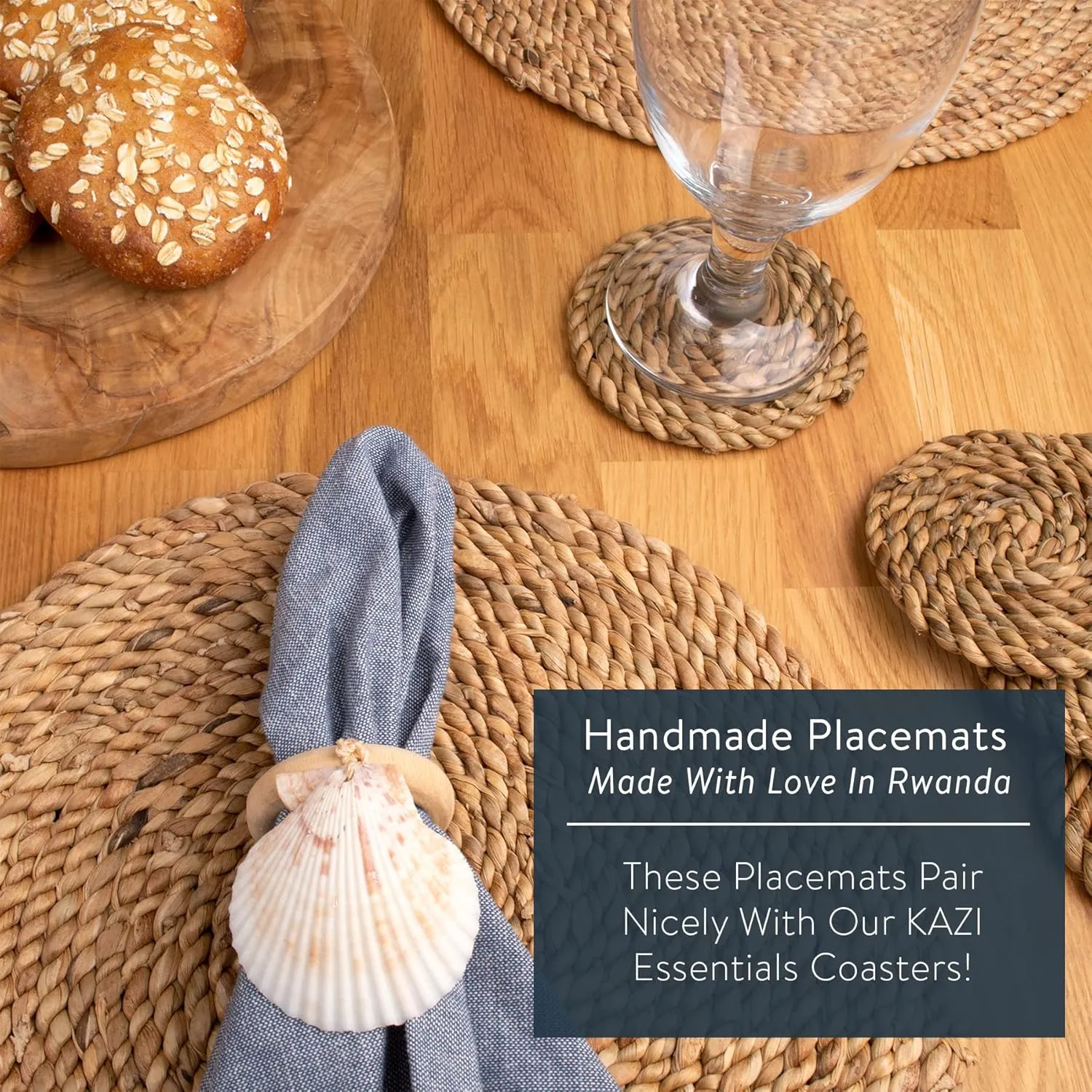 Essentials Boho Round Woven Placemats – Set of 6, Natural Wicker Cattail Placemats, Braided Heat Resistant Non-Slip Weave, Eco-Friendly Handmade by African Artisans (13" Round, Natural Cattail)