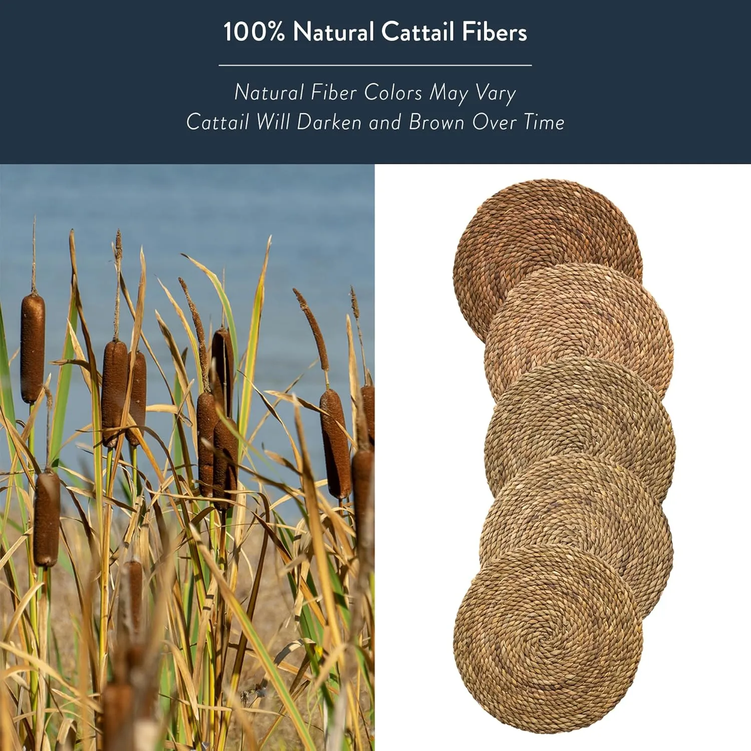 Essentials Boho Round Woven Placemats – Set of 6, Natural Wicker Cattail Placemats, Braided Heat Resistant Non-Slip Weave, Eco-Friendly Handmade by African Artisans (13" Round, Natural Cattail)