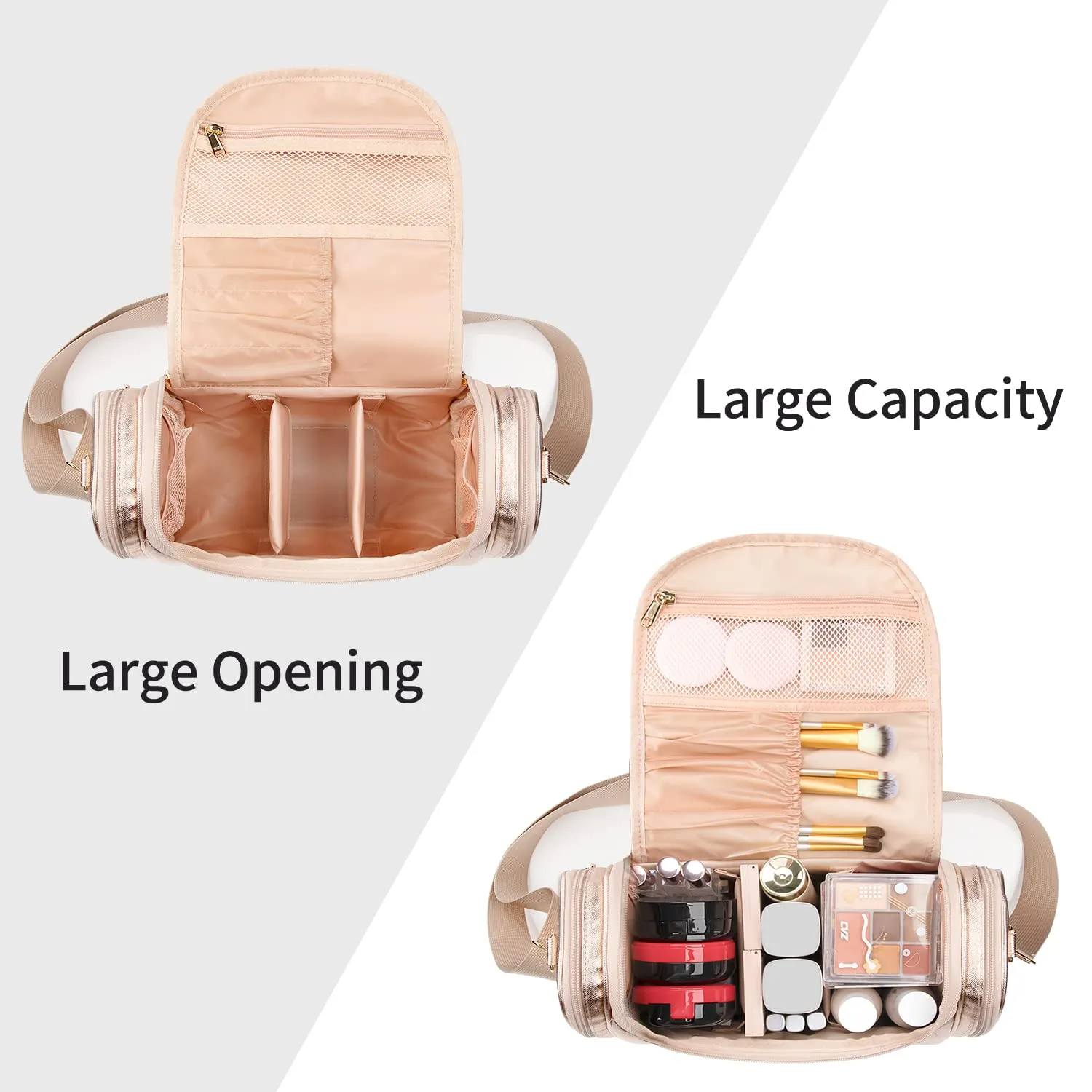 Ethereal Large Makeup Bag, Rose Gold Travel Makeup Bag with Shoulder Strap Toiletry Bag for Women Waterproof Cosmetic Travel Bag