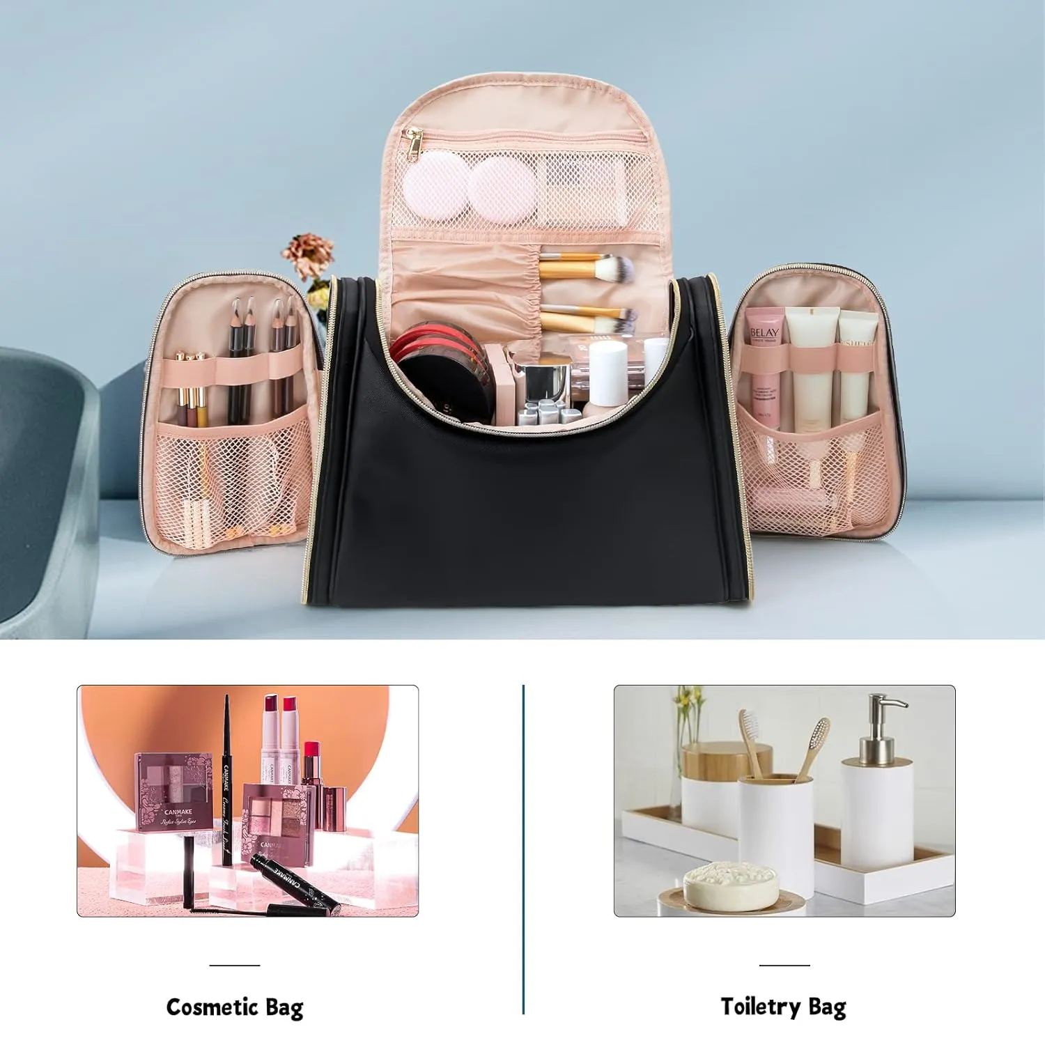 Ethereal Large Makeup Bag, Travel Makeup Bag Large Capacity Toiletry Bag with Shoulder Strap for Cosmetics Makeup Brushes Organizer