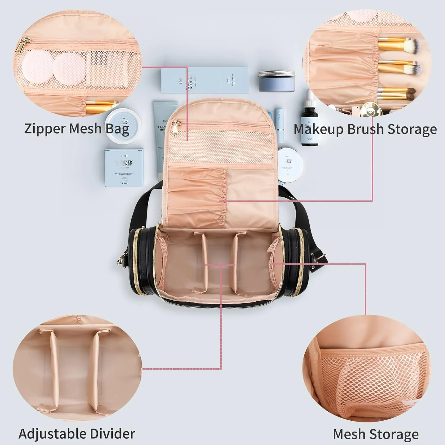 Ethereal Large Makeup Bag, Travel Makeup Bag Large Capacity Toiletry Bag with Shoulder Strap for Cosmetics Makeup Brushes Organizer