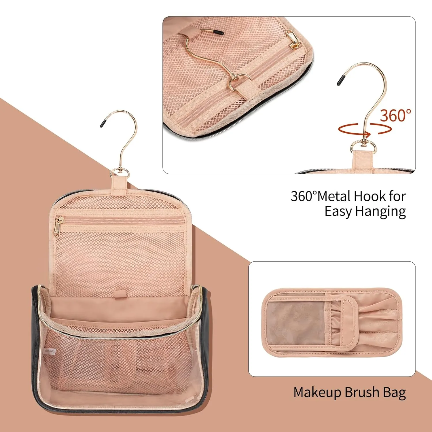 Ethereal Makeup Bag Travel Bag with Hanging Hook, Portable Toiletry Bag for Women with Small Brushes Bag Clear Cosmetic Bag