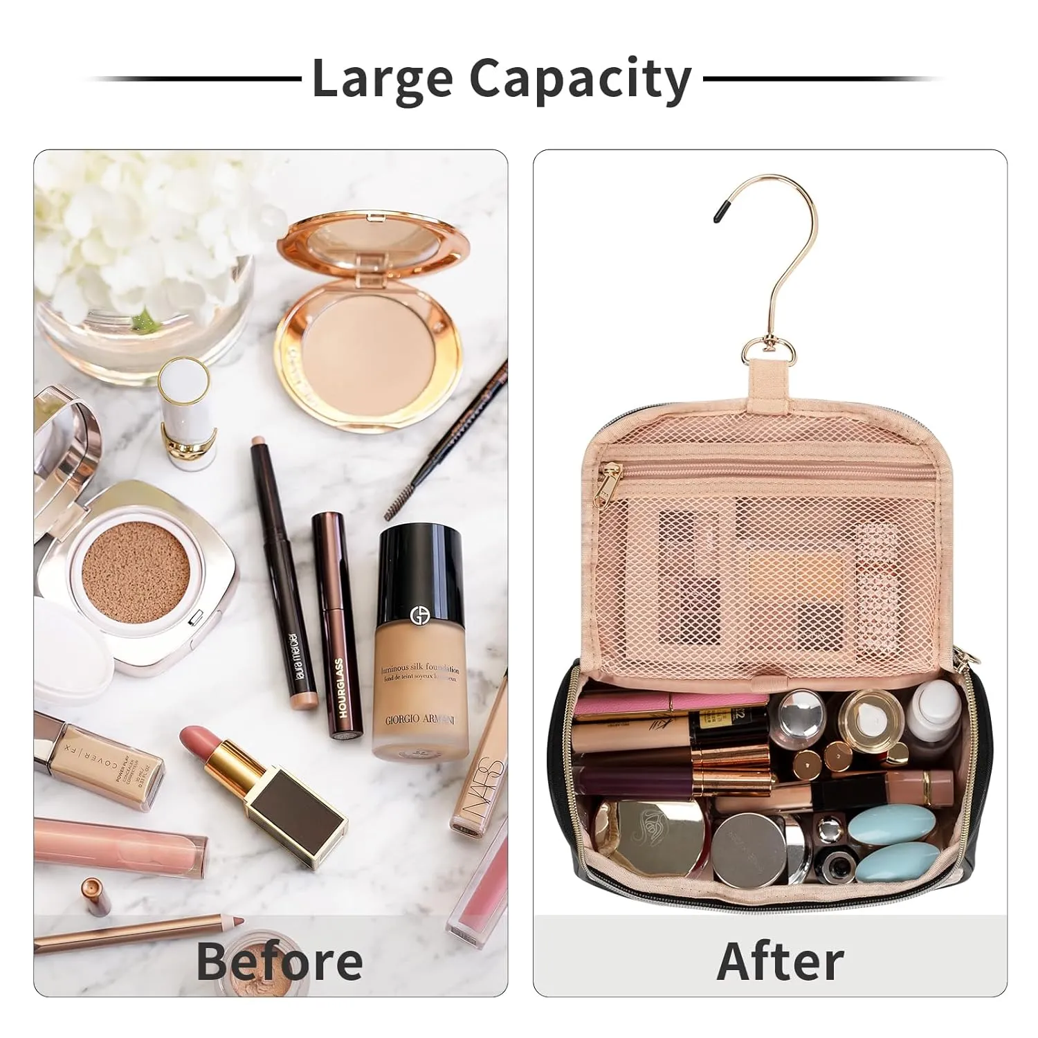 Ethereal Makeup Bag Travel Bag with Hanging Hook, Portable Toiletry Bag for Women with Small Brushes Bag Clear Cosmetic Bag