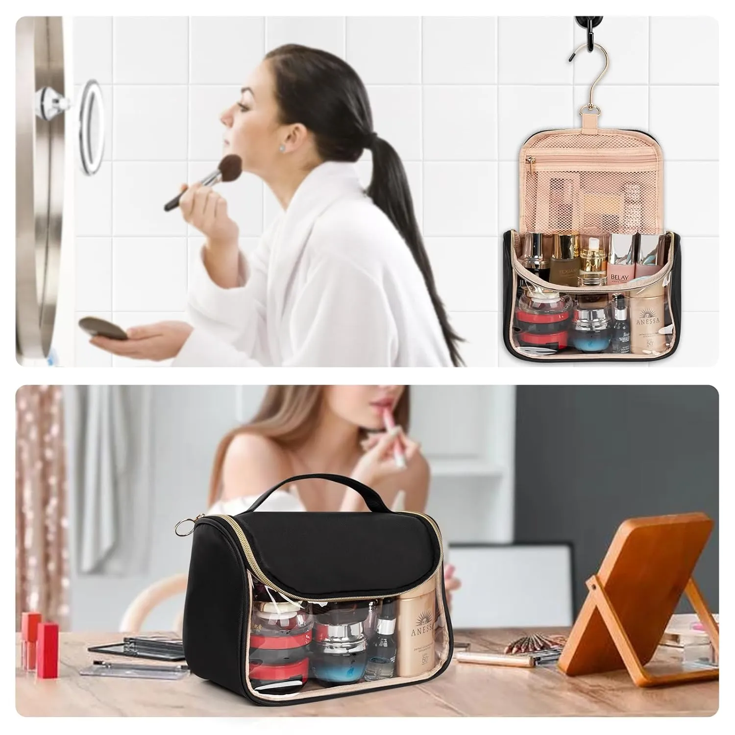 Ethereal Makeup Bag Travel Bag with Hanging Hook, Portable Toiletry Bag for Women with Small Brushes Bag Clear Cosmetic Bag