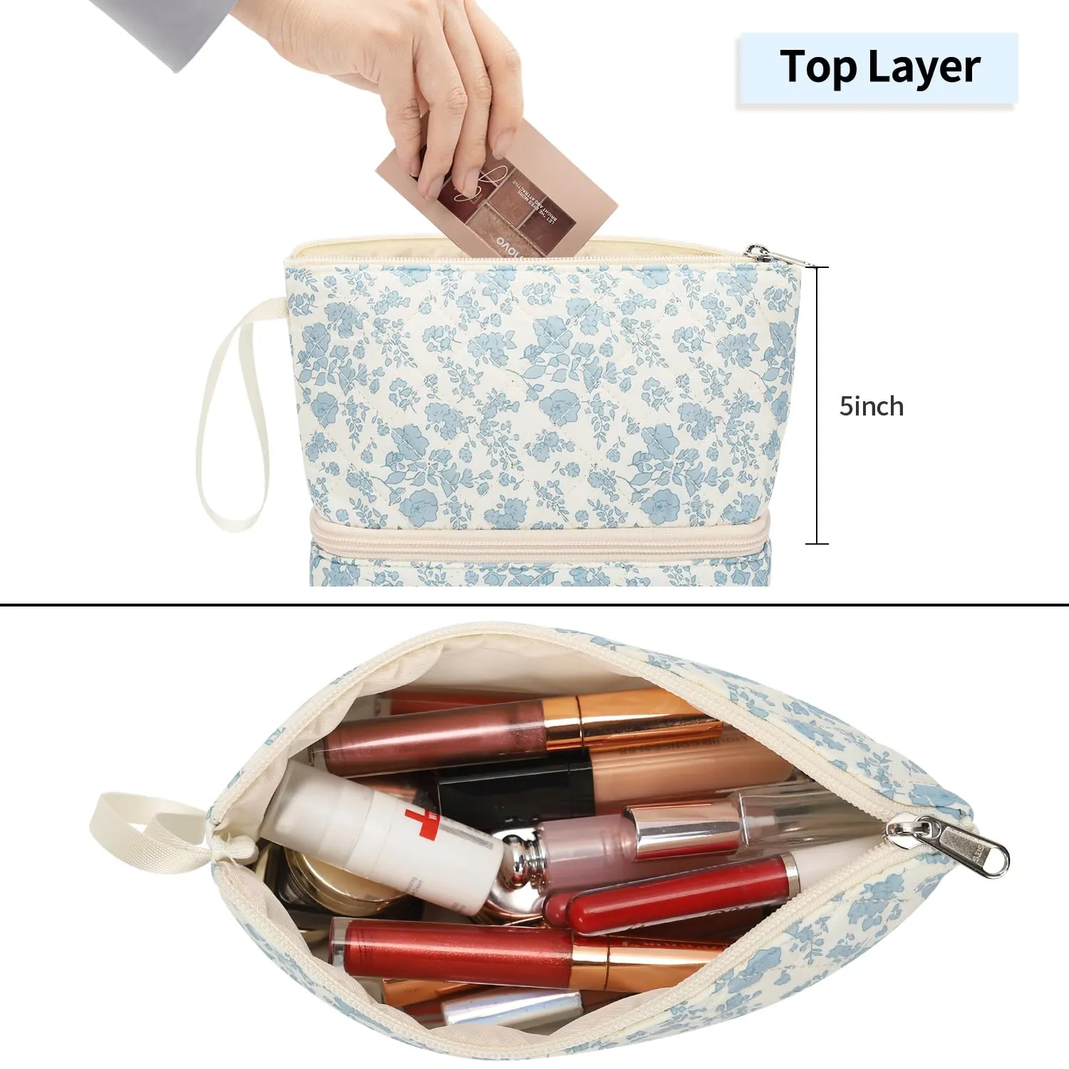 Ethereal Small Makeup Bag for Purse, Travel Makeup Organizer Bag for Women Daily Double Layer Cosmetic Bag Portable Makeup Brush Bags, Blue Flower