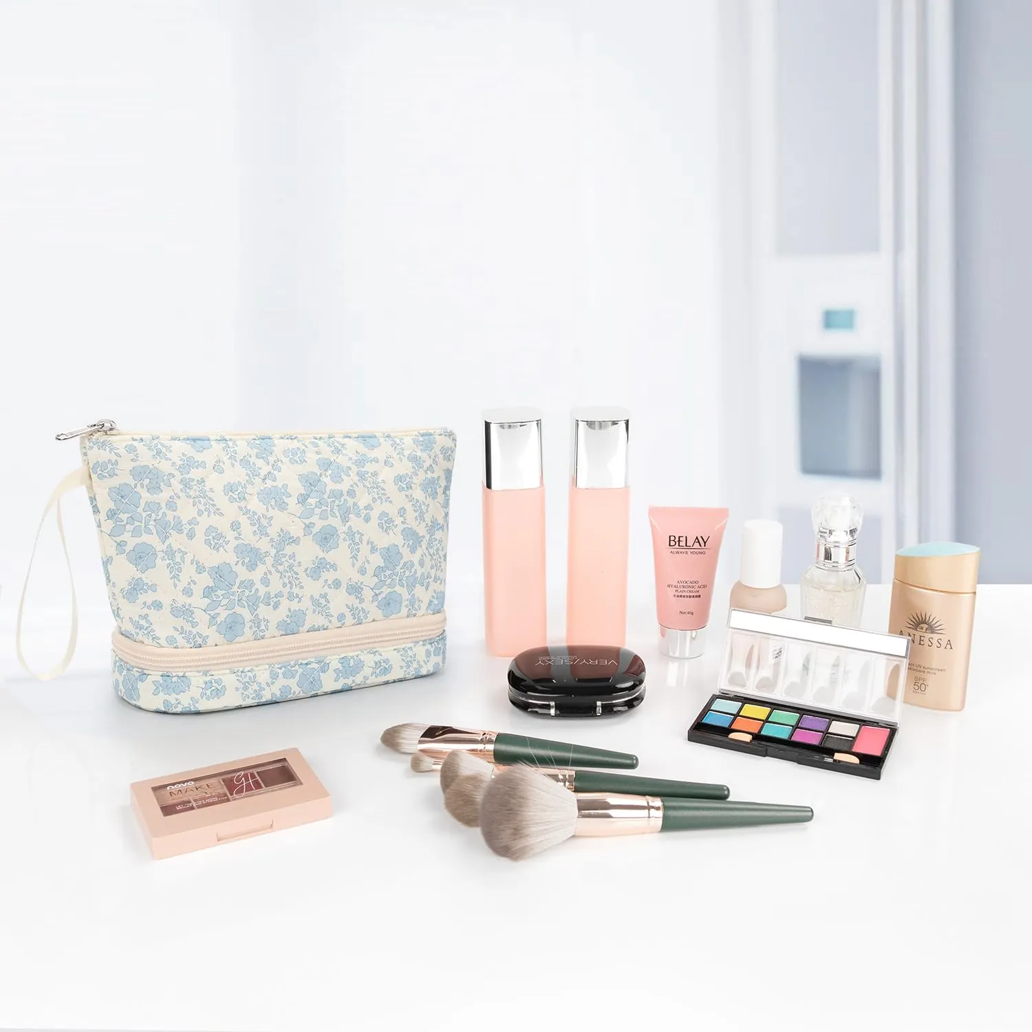 Ethereal Small Makeup Bag for Purse, Travel Makeup Organizer Bag for Women Daily Double Layer Cosmetic Bag Portable Makeup Brush Bags, Blue Flower