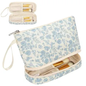 Ethereal Small Makeup Bag for Purse, Travel Makeup Organizer Bag for Women Daily Double Layer Cosmetic Bag Portable Makeup Brush Bags, Blue Flower