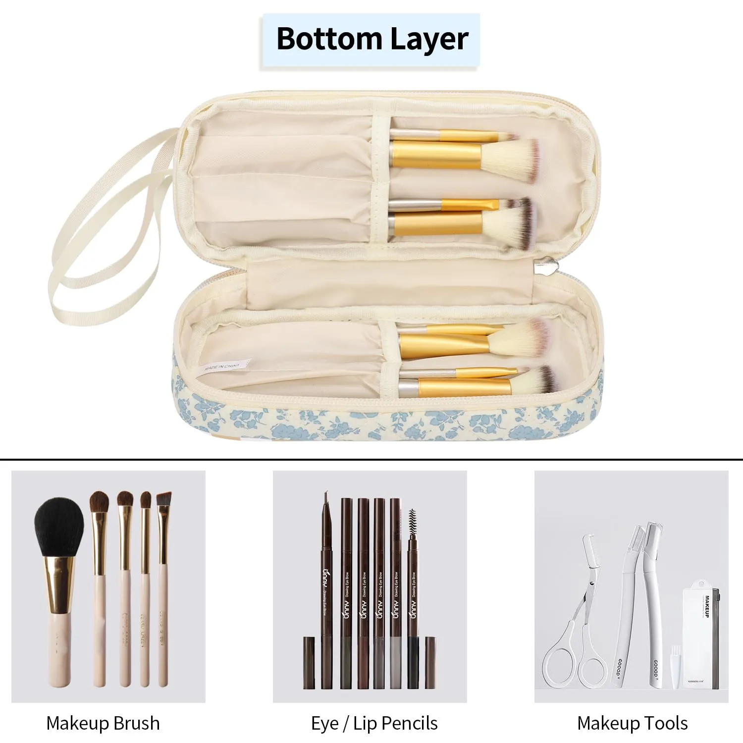 Ethereal Small Makeup Bag for Purse, Travel Makeup Organizer Bag for Women Daily Double Layer Cosmetic Bag Portable Makeup Brush Bags, Blue Flower