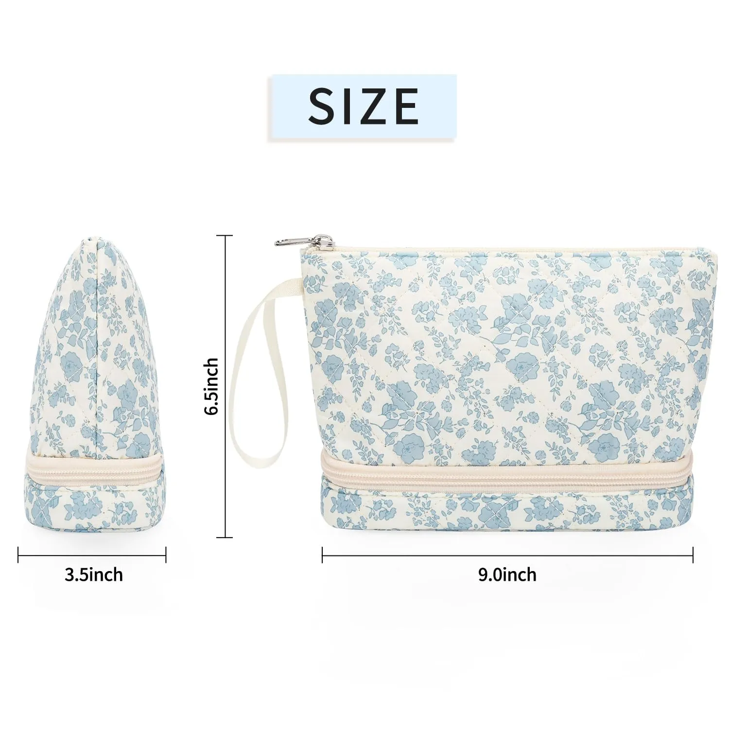 Ethereal Small Makeup Bag for Purse, Travel Makeup Organizer Bag for Women Daily Double Layer Cosmetic Bag Portable Makeup Brush Bags, Blue Flower