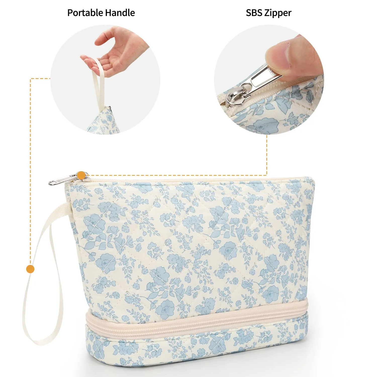Ethereal Small Makeup Bag for Purse, Travel Makeup Organizer Bag for Women Daily Double Layer Cosmetic Bag Portable Makeup Brush Bags, Blue Flower
