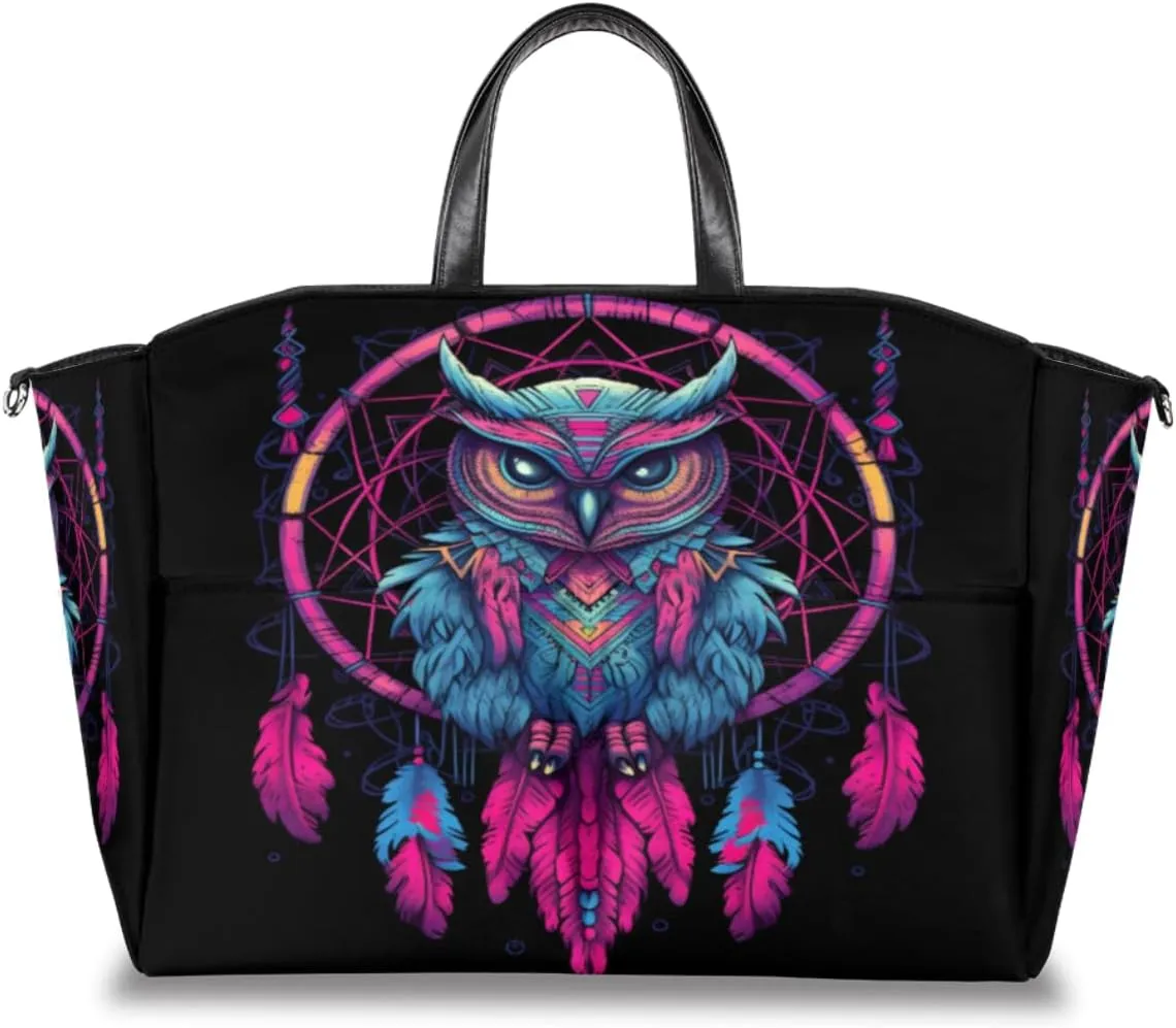 Ethnic Owl Animal Diaper Bag Tote, Dreamcatcher Feather Travel Diaper Tote Bag for Mom and Dad, Multifunction Large Baby Bag Nappy Bags with Stroller Straps