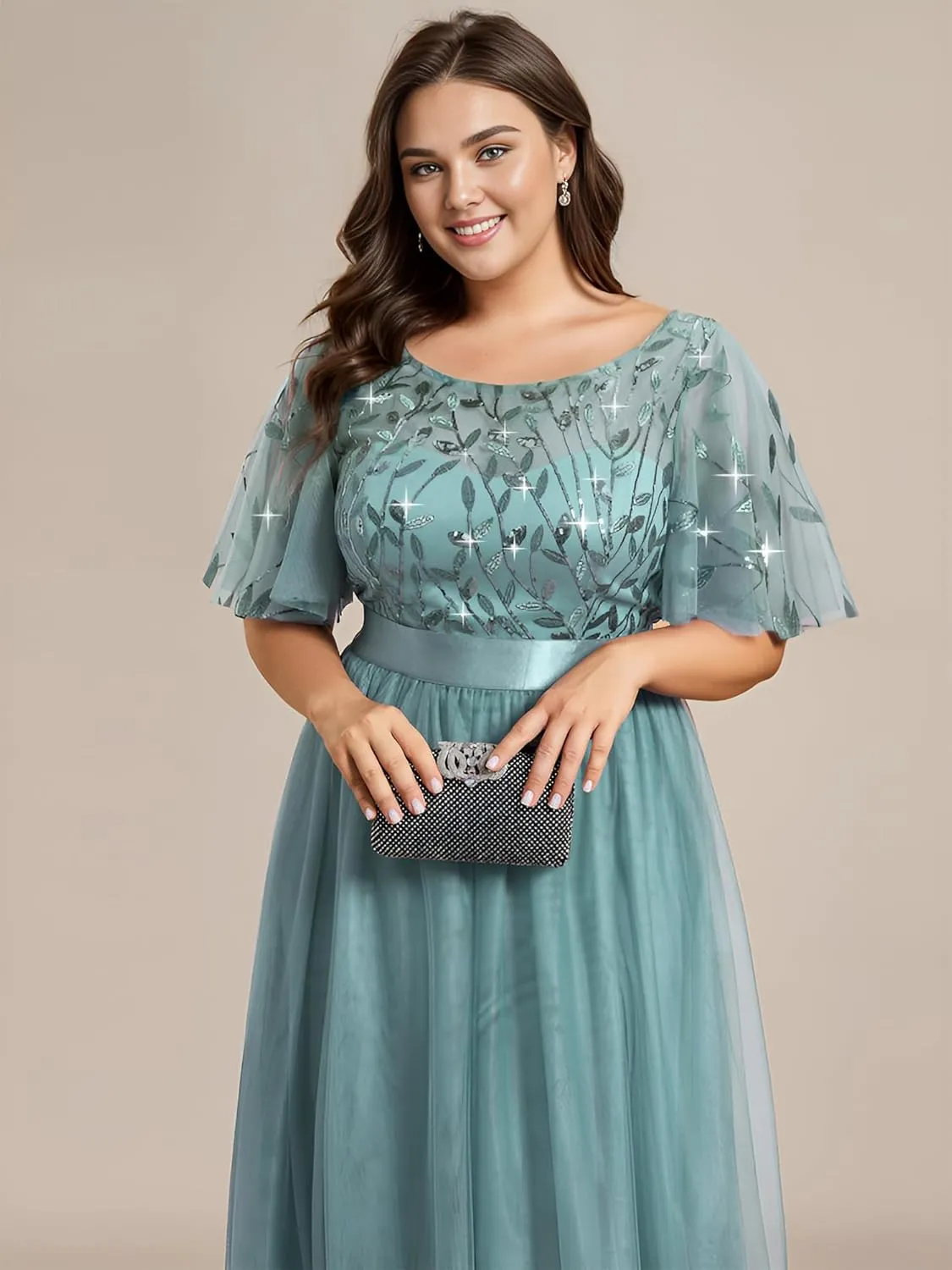 Ever-Pretty Women's Round Neck Short Sleeves Plus Size A-Line Tulle Sequin Formal Evening Dresses 0904-DA2
