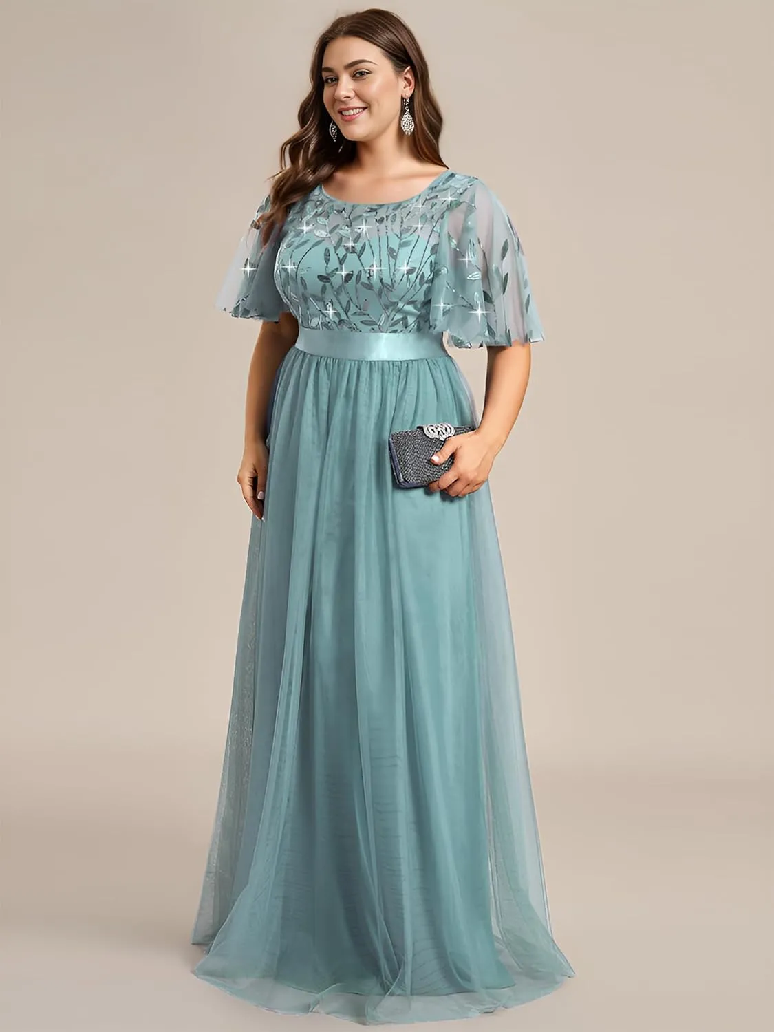 Ever-Pretty Women's Round Neck Short Sleeves Plus Size A-Line Tulle Sequin Formal Evening Dresses 0904-DA2
