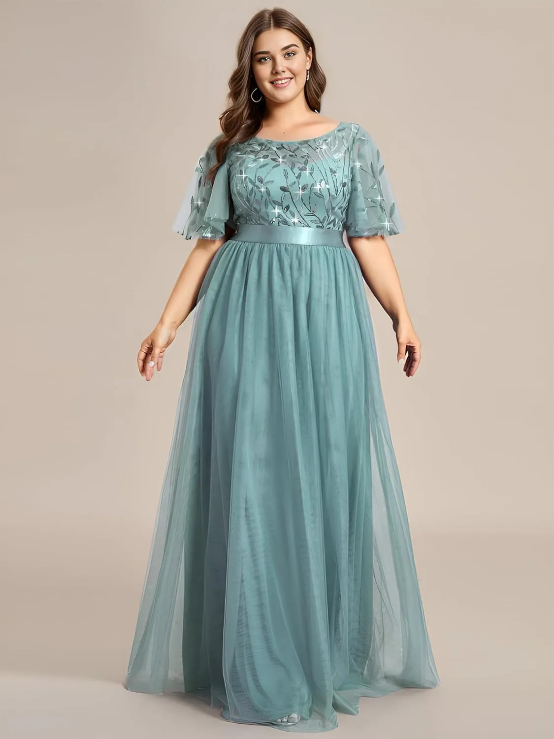 Ever-Pretty Women's Round Neck Short Sleeves Plus Size A-Line Tulle Sequin Formal Evening Dresses 0904-DA2