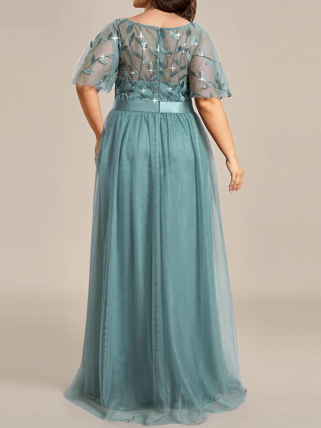 Ever-Pretty Women's Round Neck Short Sleeves Plus Size A-Line Tulle Sequin Formal Evening Dresses 0904-DA2