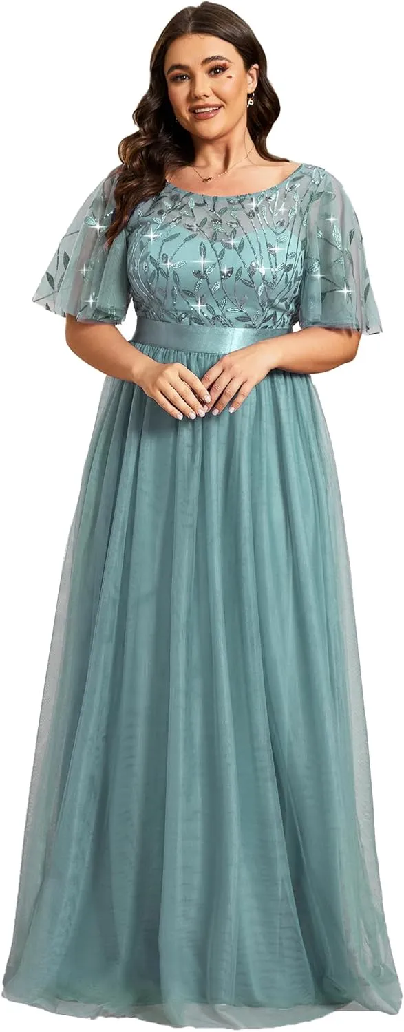 Ever-Pretty Women's Round Neck Short Sleeves Plus Size A-Line Tulle Sequin Formal Evening Dresses 0904-DA2